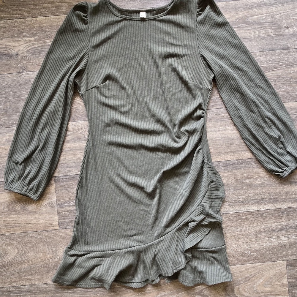 Dark Academia Long Sleeve Bodycon Mini‎ Dress Round Neck Knit Ruffle Ribbed - Picture 2 of 8